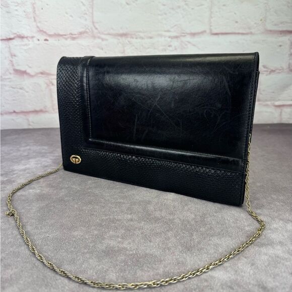 GUCCI Vintage Black Lambskin Leather Snakeskin Trim Flap Clutch / Shoulder Bag! - Picture 3 of 14